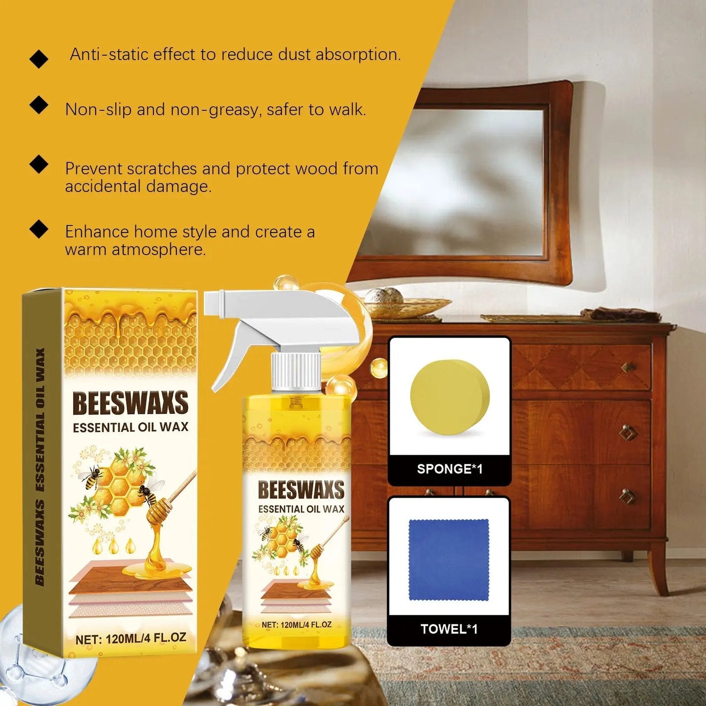 Beeswax Wood Polish Spray – Restores Shine, Removes Scratches & Water Rings